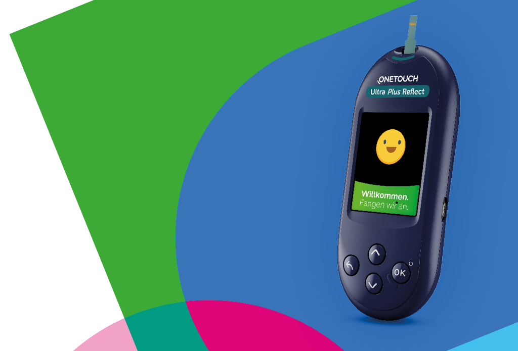 OneTouch Ultra Plus Reflect Blutzuckermessgerät mit Farbdisplay, das einen lächelnden Emoji und die Nachricht „Willkommen. Fangen wir an." anzeigt