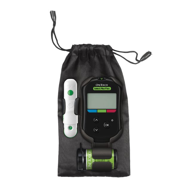OneTouch Select Plus Flex Messgerät mit Stechhilfe und Teststreifendose in schwarzer Aufbewahrungstasche