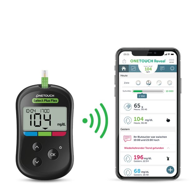 OneTouch Select Plus Flex Blutzuckermessgerät mit grüner Verbindungsanzeige neben Smartphone mit geöffneter OneTouch Reveal App, die Blutzuckerwerte, Ziele und Trends anzeigt