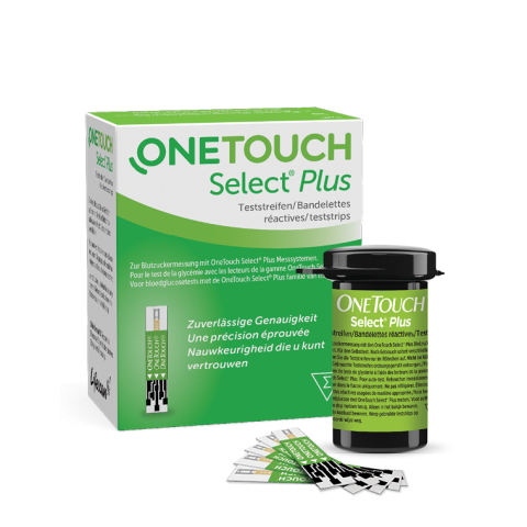 OneTouch Select Plus test strips product box alongside an open black vial of test strips and several loose strips fanned out in front, packaging shown in German, French, and Dutch
